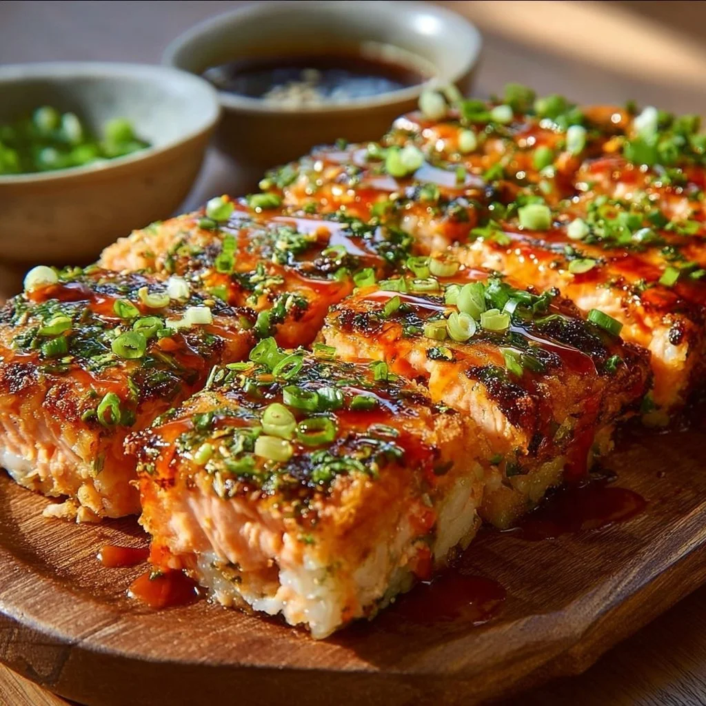 Spicy Salmon Sushi Bake with creamy toppings and crispy edges in a baking dish.
