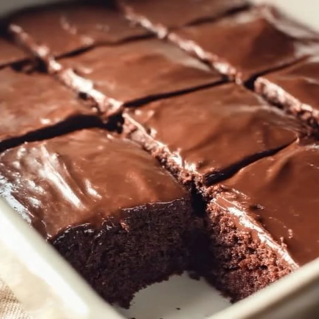 Delicious Chocolate Texas Sheet Cake topped with chocolate frosting.