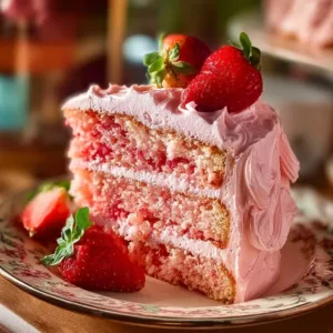 A slice of the best strawberry cake ever with fresh strawberries on top.