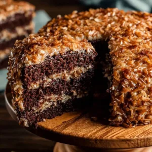Slice of traditional German Chocolate Cake with coconut and pecan frosting