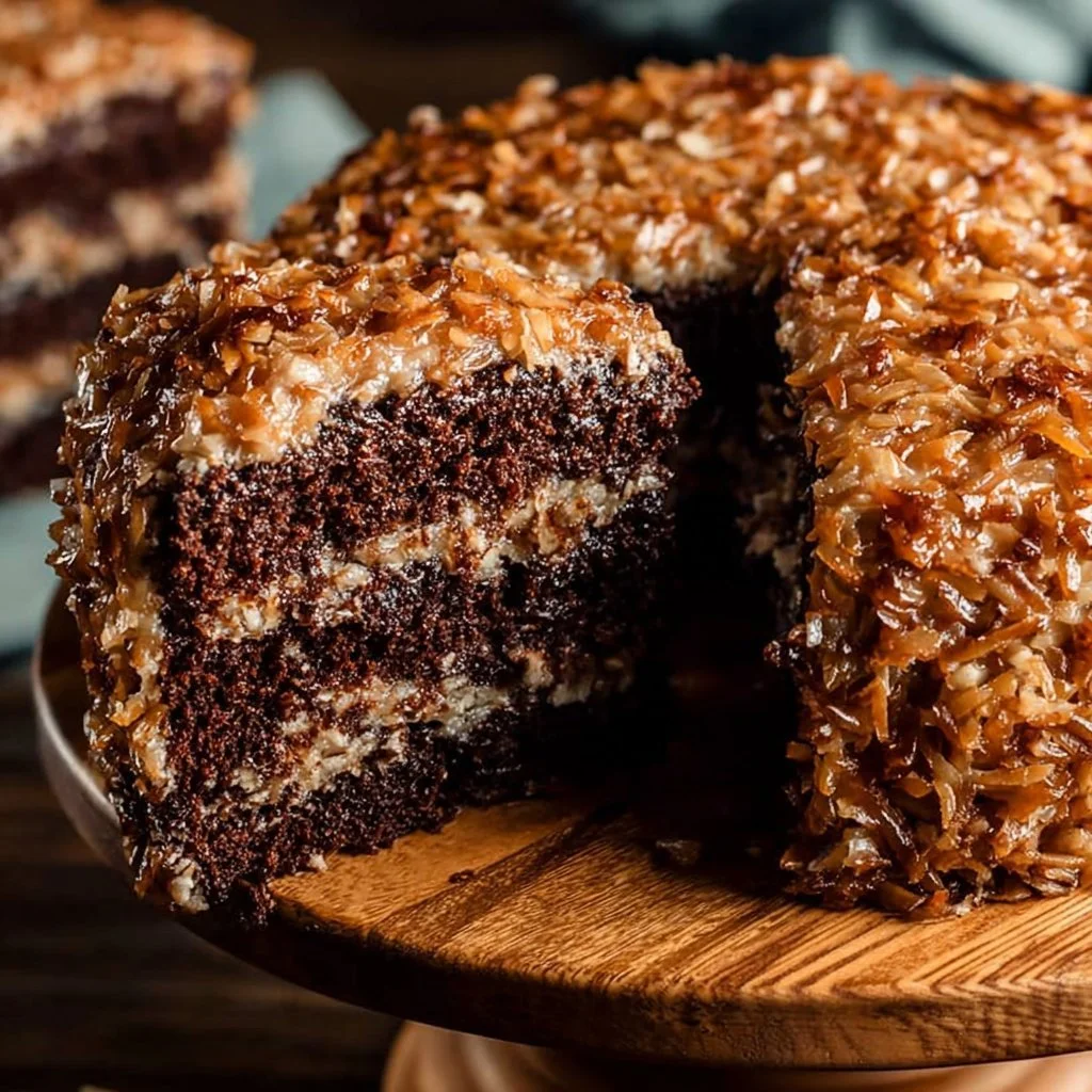 Slice of traditional German Chocolate Cake with coconut and pecan frosting