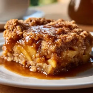 Ultimate caramel apple dump cake topped with caramel and apples