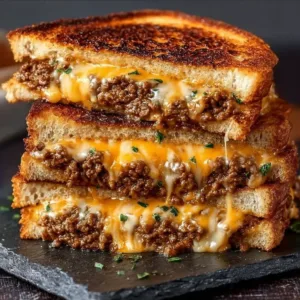 A mouthwatering Ultimate Cheesy Ground Beef Melt topped with melted cheese.