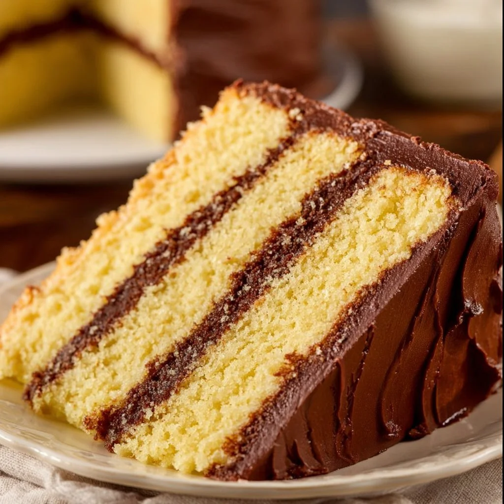 Yellow birthday cake with chocolate frosting for celebrations