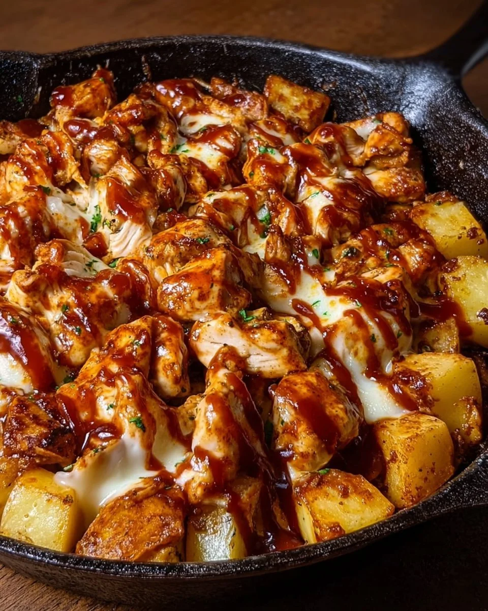 BBQ chicken and potato skillet served in a cast iron skillet