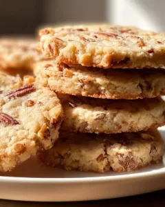 Plate of delicious Butter Pecan Icebox Cookies with pecans on top.