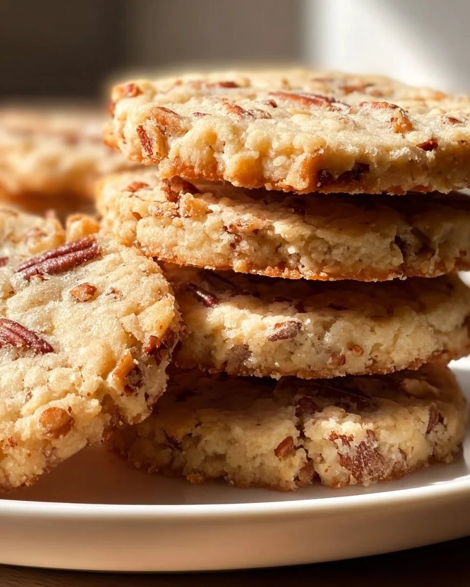 Plate of delicious Butter Pecan Icebox Cookies with pecans on top.