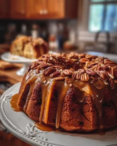 Delicious Caramel Pecan Bundt Cake topped with caramel sauce and pecans