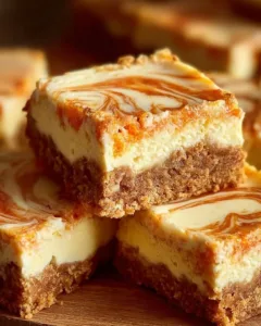 Delicious carrot cake bars topped with creamy cheesecake swirl on a plate