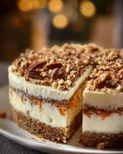Slice of delectable carrot cake cheesecake with frosting and carrot decoration