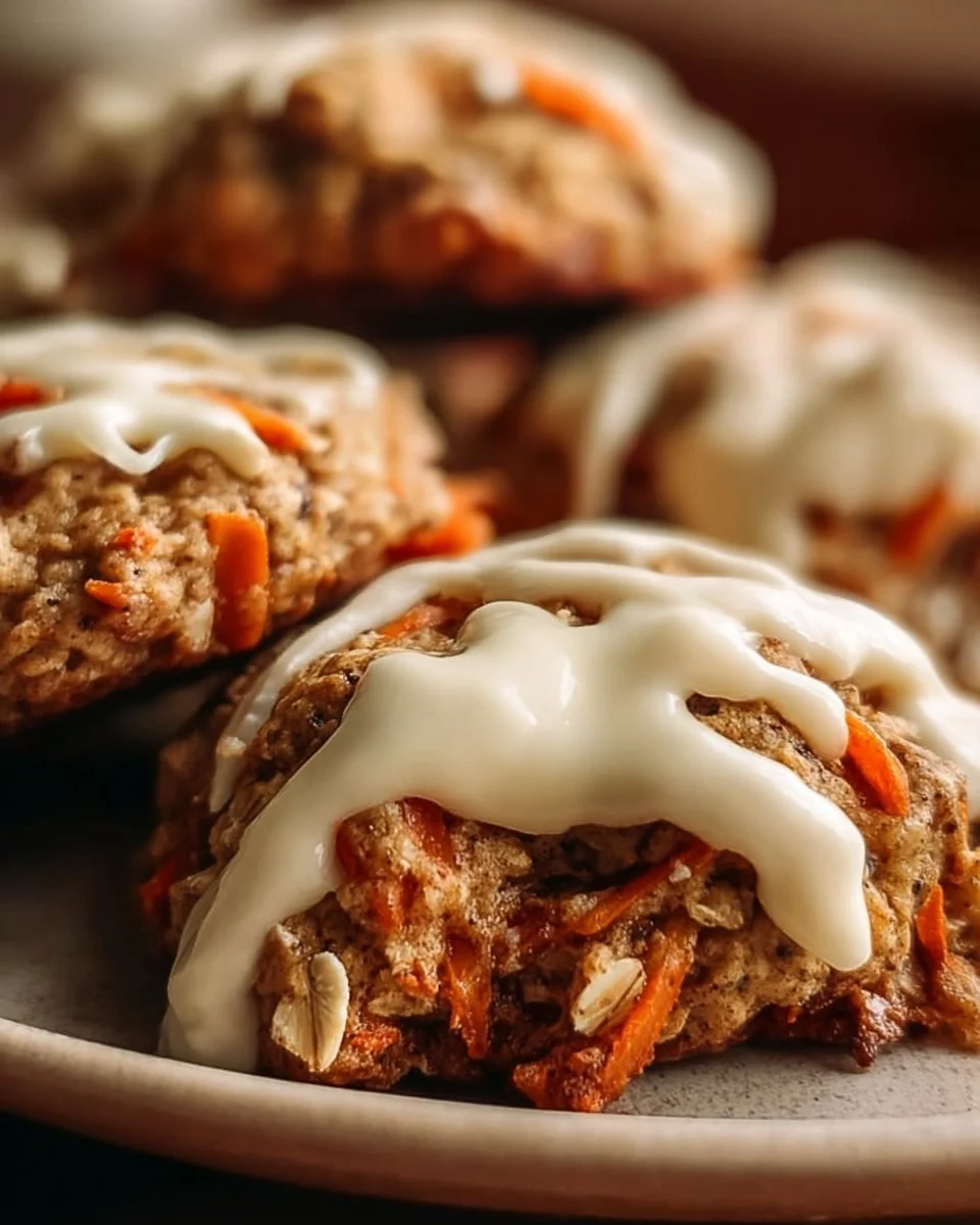 Freshly baked carrot oatmeal cookies with cream cheese frosting on a plate.