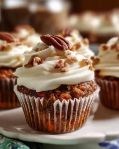 Delicious carrot pineapple cupcakes with cream cheese frosting on a wooden table