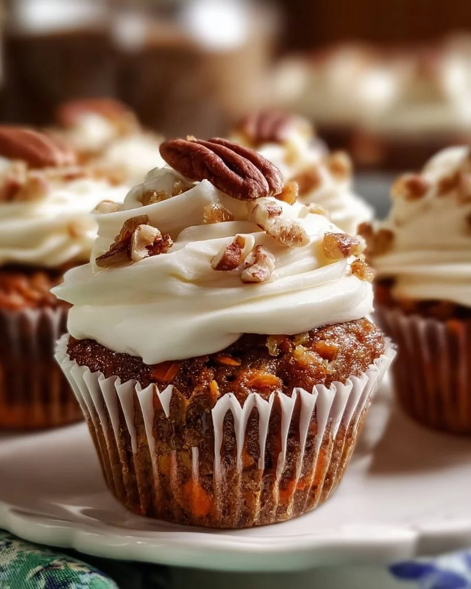Delicious carrot pineapple cupcakes with cream cheese frosting on a wooden table