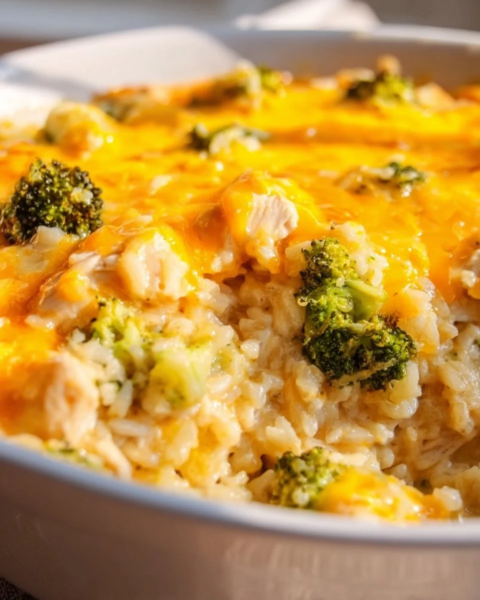 Cheesy Chicken Broccoli Rice Casserole served in a baking dish