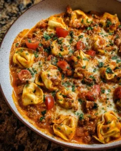 Cheesy Enchilada Beef Tortellini Skillet garnished with fresh herbs