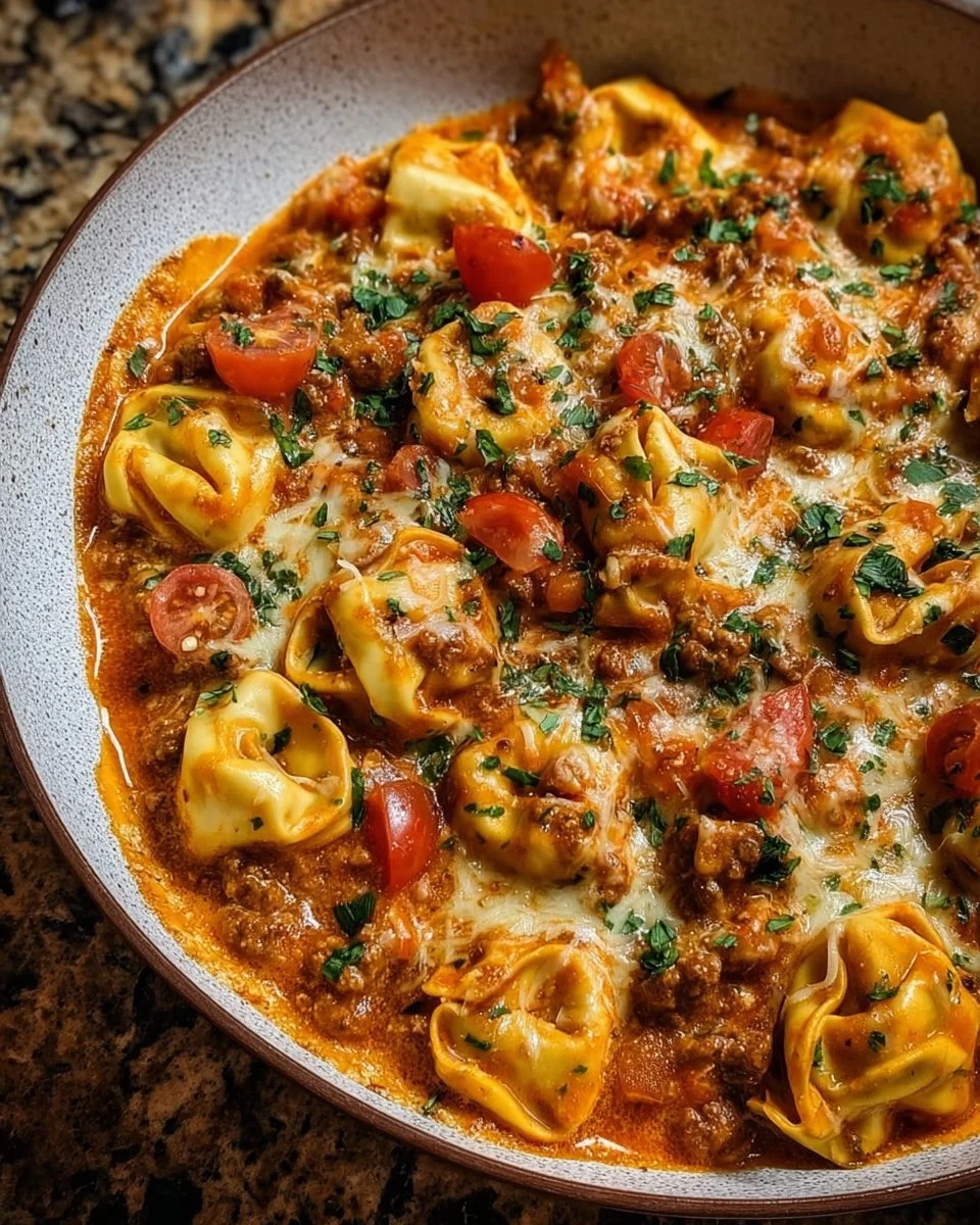 Cheesy Enchilada Beef Tortellini Skillet garnished with fresh herbs