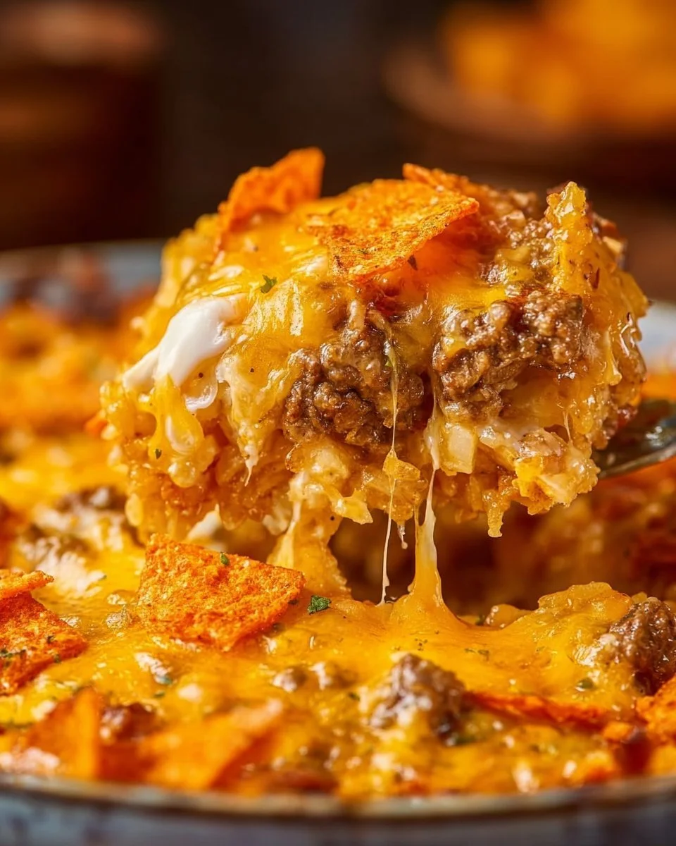 Cheesy Hashbrown Dorito Casserole topped with Doritos and cheese