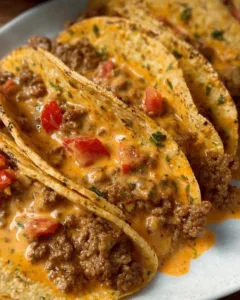 Cheesy Rotel beef tacos served with toppings