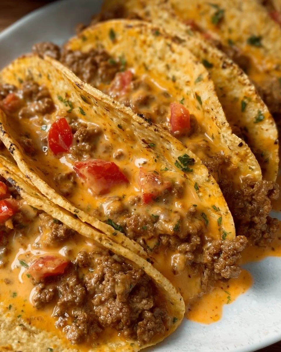 Cheesy Rotel beef tacos served with toppings