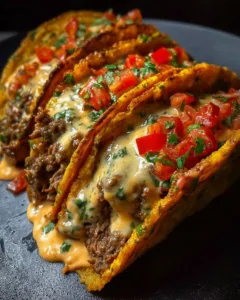 Cheesy Rotel beef tacos served on a plate with toppings