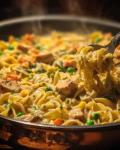 Delicious Chicken Pot Pie Pasta served in a bowl