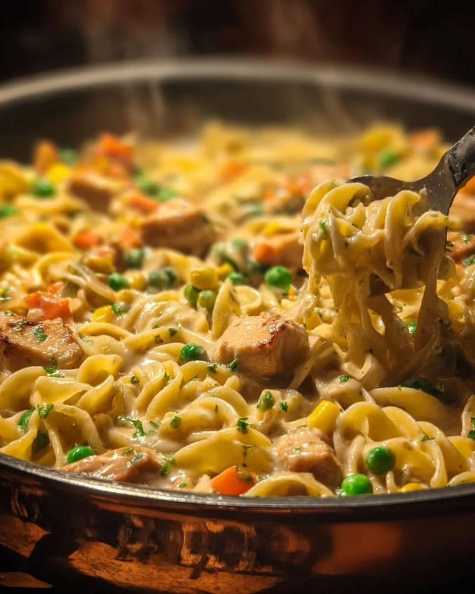 Delicious Chicken Pot Pie Pasta served in a bowl