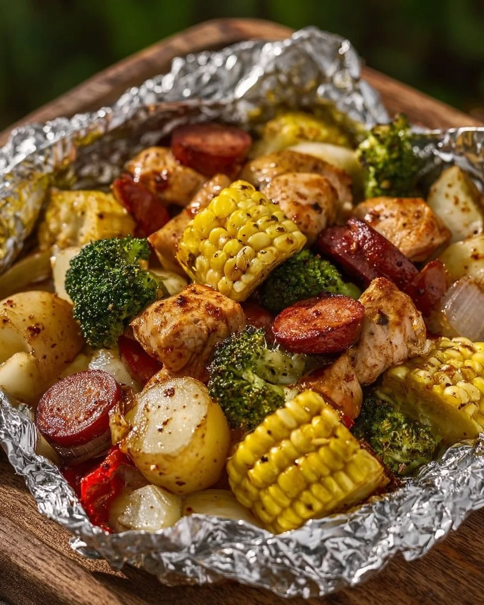 Chicken, Sausage, Potatoes, Broccoli, and Corn Foil Packets