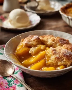 Delicious peach dump cake served at a church potluck.