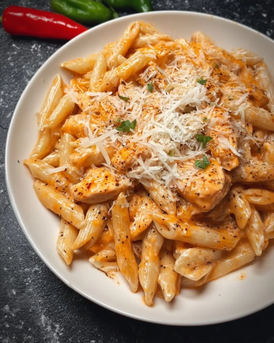 Creamy Buffalo Chicken Penne topped with fresh herbs in a white bowl