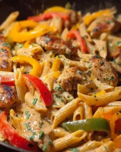 Creamy jerk chicken rasta pasta served in a bowl with colorful vegetables
