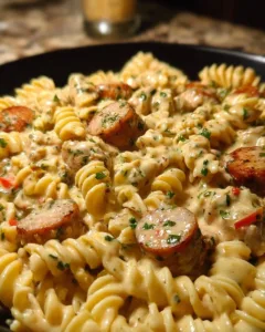 Creamy Pepper Jack Chicken and Sausage Pasta dish in a bowl
