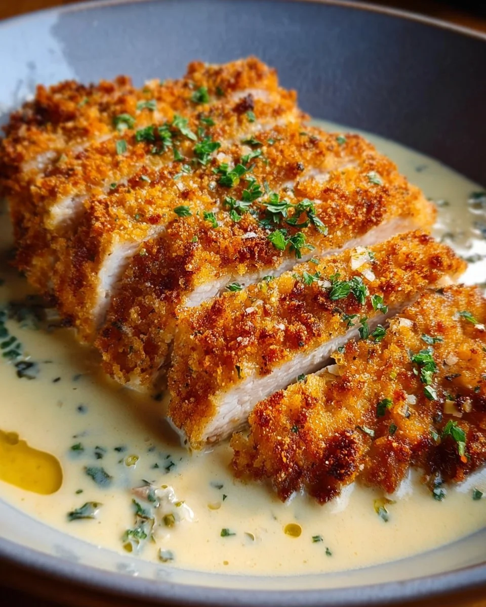 Crispy Parmesan chicken topped with creamy garlic sauce on a plate