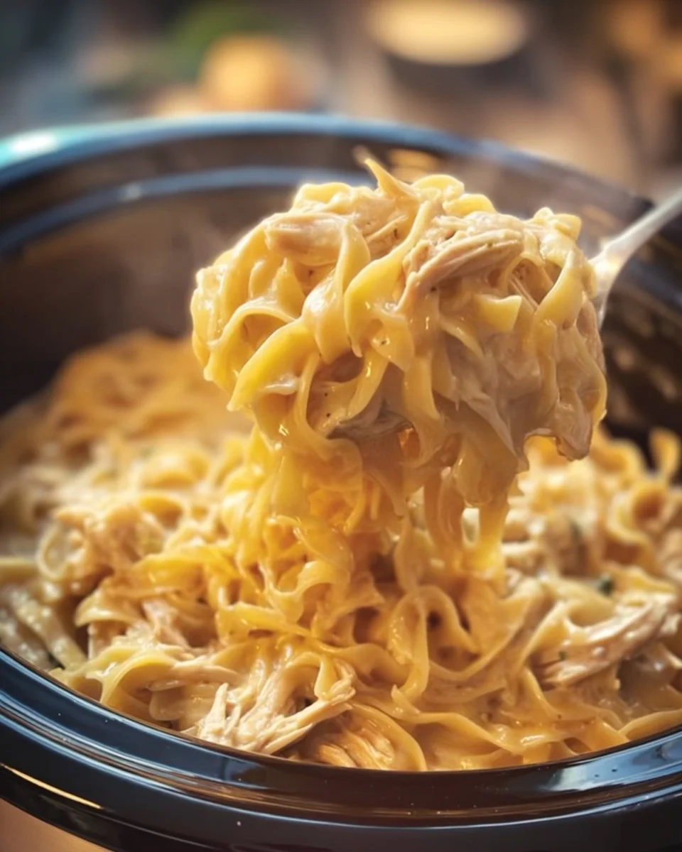Delicious bowl of Crockpot Chicken and Noodles served with fresh herbs