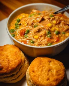 Delicious Crockpot Chicken Pot Pie Stew served in a bowl with fresh herbs