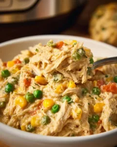 Crockpot chicken and stuffing casserole served on a plate