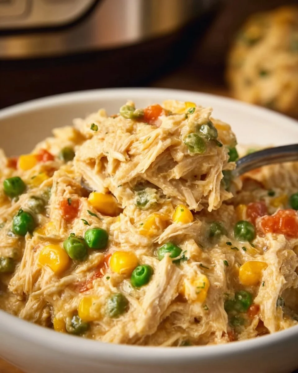 Crockpot chicken and stuffing casserole served on a plate