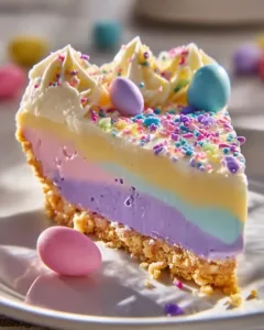A vibrant Easter Jell-O Pie with colorful layers and whipped cream topping