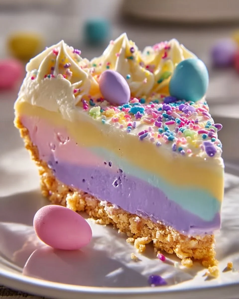 A vibrant Easter Jell-O Pie with colorful layers and whipped cream topping