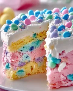Easter Poke Cake decorated with colorful frosting and sprinkles