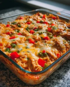 Delicious Fajita Chicken Casserole ready to serve with colorful veggies