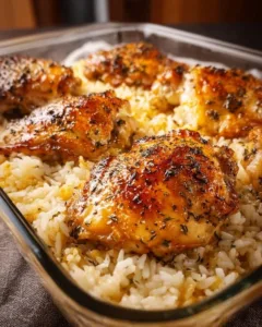 A plate of Forgotten Chicken and Rice, featuring tender chicken and flavorful rice.