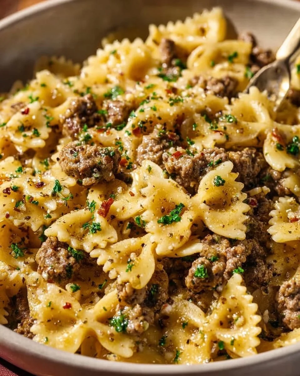 Plate of Garlic Butter Bowtie Pasta with Ground Beef garnished with parsley.