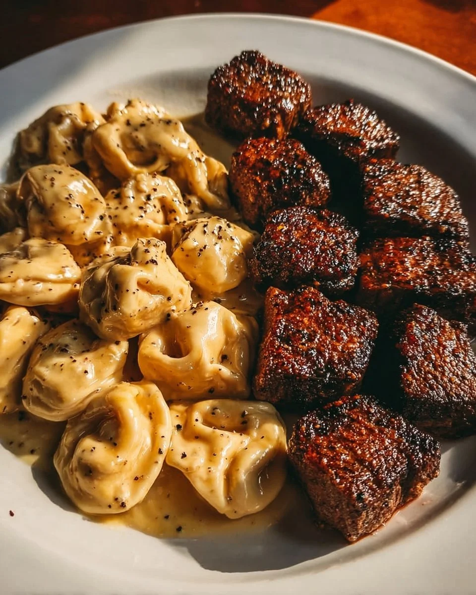 Delicious garlic butter steak bites served with creamy Alfredo tortellini.