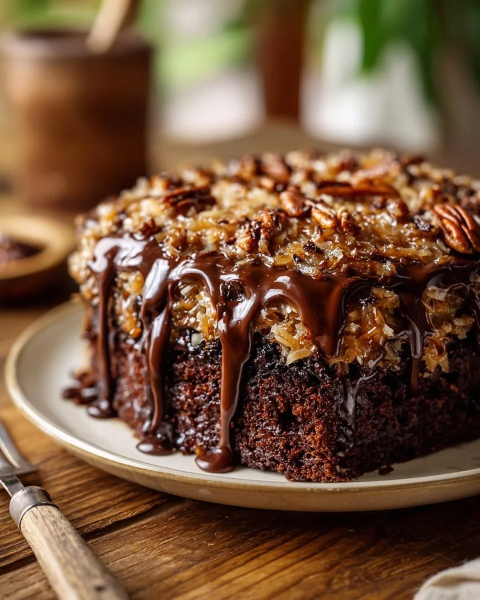 Delicious German Chocolate Poke Cake Squares served on a plate with a fork
