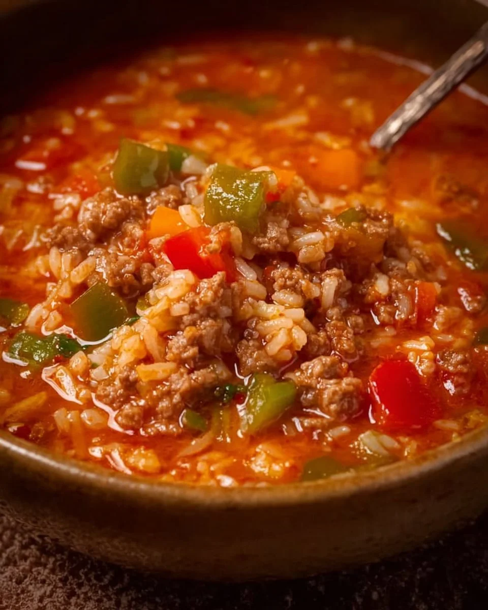 Bowl of hearty stuffed pepper soup with colorful bell peppers and spices