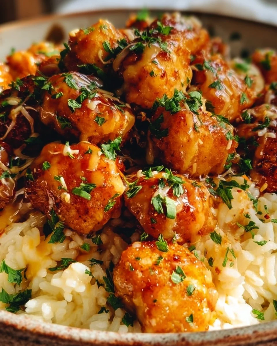 Honey Garlic Chicken Bites served with creamy parmesan rice on a plate