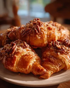 Delicious honey pecan croissants with a golden brown flaky crust.