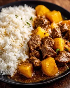 Jamaican Curry Beef with Potatoes served in a bowl, garnished with fresh herbs.