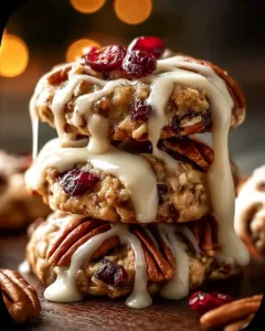 No-bake cranberry pecan cookies topped with praline, ready to enjoy.