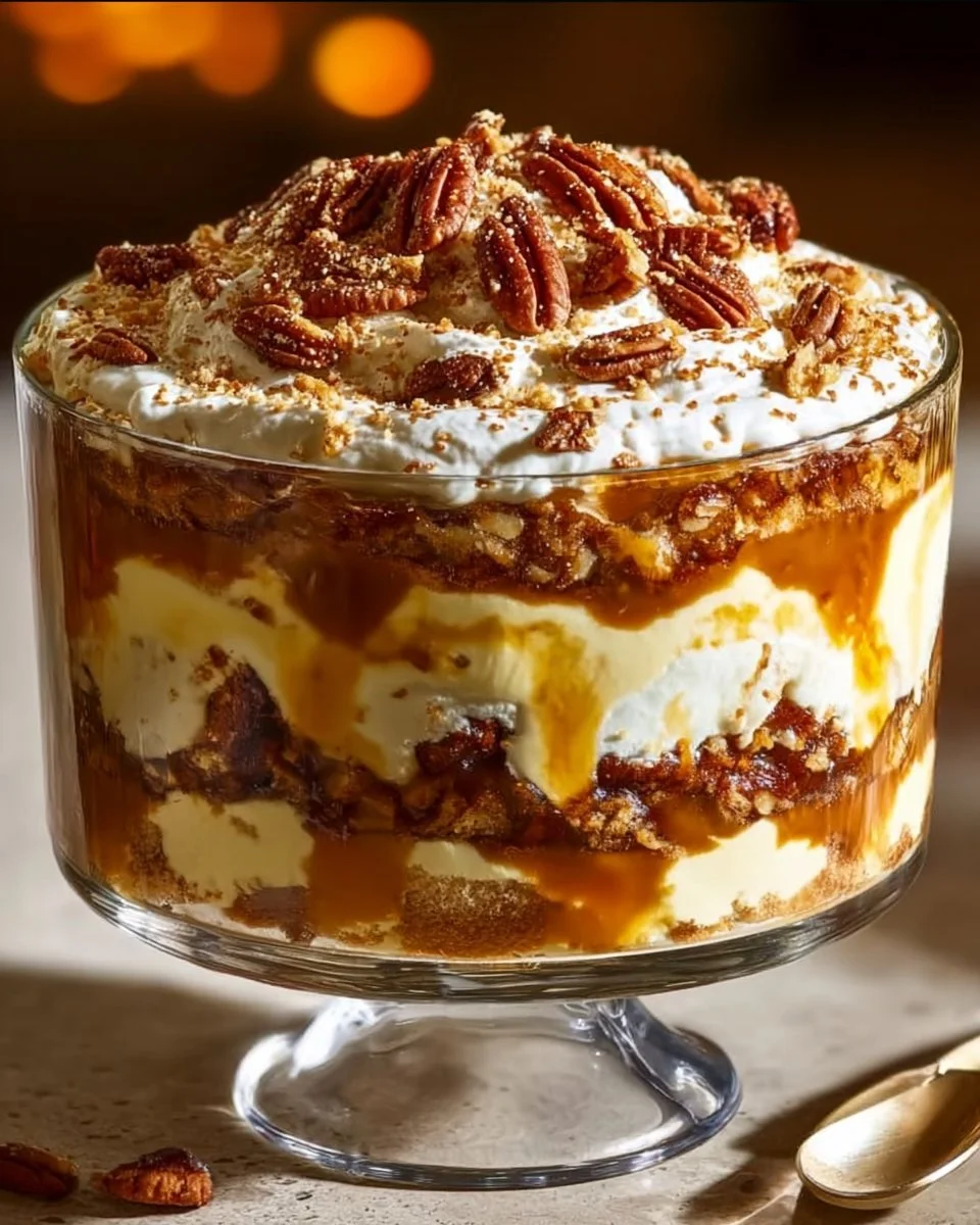 Delicious Pecan Pie Cheesecake Trifle in a glass dessert dish